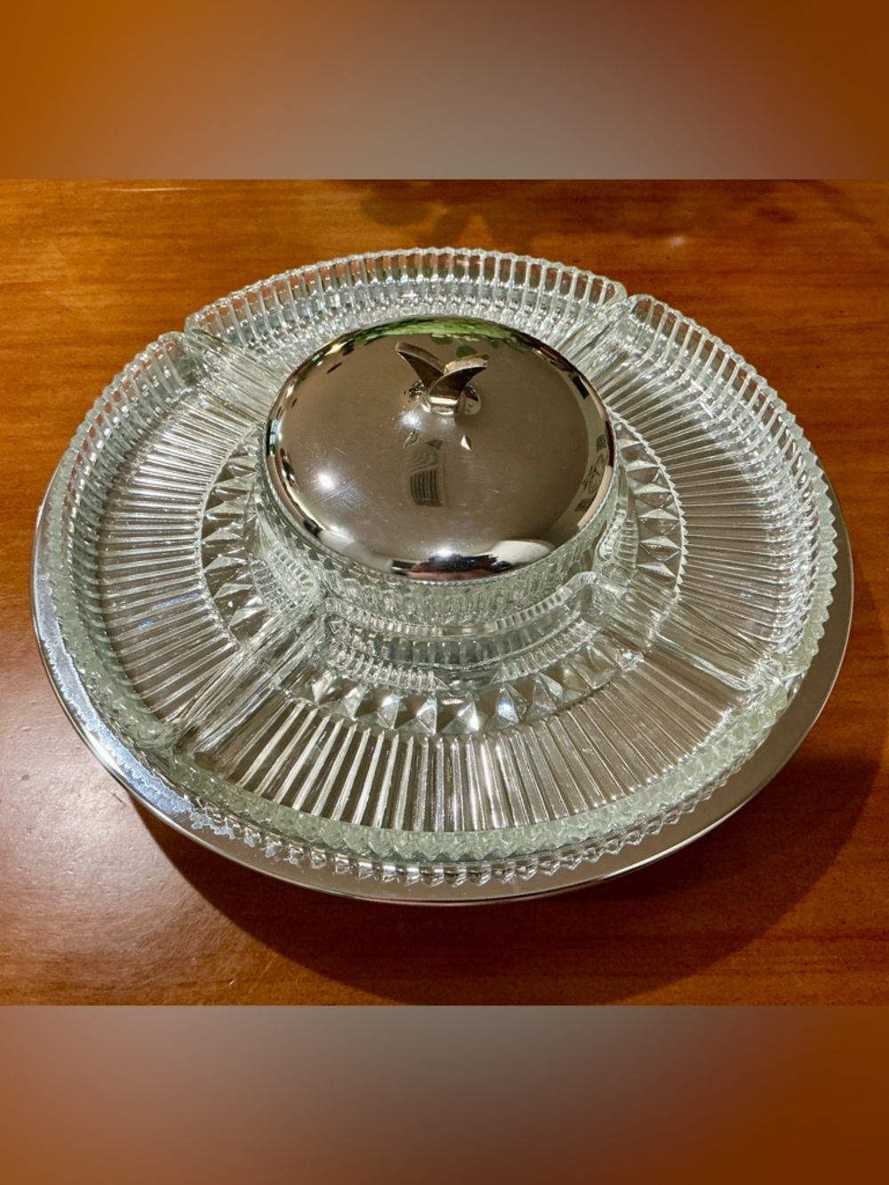 Vintage Kromex Chrome and Glass Revolving Lazy Susan 7 piece Serving  Tray
